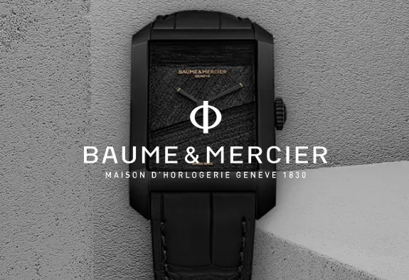 Baume & Mercier logo with a square watch in the background