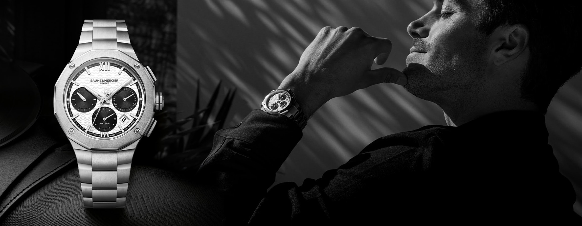 Baume et Mercier silver watch on the left and men pausing on the right wearing the same silver watch on his wrist